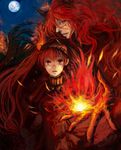  1girl black_hair burning claws demon demon_boy detached_sleeves face facial_mark fire flame full_moon horns layla_(sound_horizon) long_hair moon multicolored_hair open_mouth outstretched_arm outstretched_hand piyoyanagi reaching red_eyes red_hair seisen_no_iberia shaytan_(sound_horizon) sound_horizon tears twintails two-tone_hair 