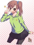  :d black_legwear brown_eyes brown_hair cropped_legs futami_ami futami_mami highres hood hoodie idolmaster idolmaster_(classic) idolmaster_2 kou_(garakuta_teikoku) long_hair multiple_girls open_mouth pantyhose polka_dot polka_dot_background side_ponytail smile star v 