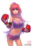  blue_eyes bow boxing_gloves crop_top face gradient_hair hair_bow krenz long_hair midriff multicolored_hair navel open_mouth original pink_eyes purple_hair shirt shorts solo taut_clothes taut_shirt very_long_hair 