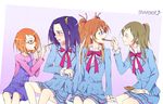  aria_gakuen_school_uniform bad_id bad_pixiv_id blazer blue_eyes blue_shirt blush bow brown_hair closed_eyes eating feeding food frills glasses hair_bobbles hair_ornament hair_ribbon half_updo houjou_hibiki jacket kurokawa_eren long_hair long_sleeves minamino_kanade multiple_girls musical_note negom one_side_up open_mouth orange_hair overalls pink_bow pocky ponytail precure profile purple_hair red_eyes ribbon school_uniform seiren_(suite_precure) shirabe_ako shirt sitting skirt smile suite_precure twintails two_side_up wavy_mouth yellow_eyes yuri 