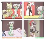  &lt;3 armor bed blonde_hair blush breasts canine clothing condom curtains ear_piercing elf erection fangs fur gloves goblin goblin_slayer greenteaneko hair helmet humanoid mammal melee_weapon nude piercing purple_hair skirt sword tissue under_boob weapon yellow_eyes yellow_fur 