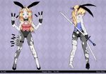  2girls animal_ears bandage bandages blonde_hair blood bow bunny_ears bunny_tail bunnysuit female gloves hair_bow high_heels knife multiple_girls original pantyhose ponytail red_eyes scar silent-kurozatou sword tail torn_clothes weapon wrist_cuffs zombie 