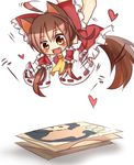  :d afterimage ahoge animal_ears ascot blush bow brown_eyes brown_hair chibi detached_sleeves fang flapping hair_bow hair_tubes hakurei_reimu hands heart holding minigirl money motion_lines open_mouth sleeves_past_wrists smile solo tail tail_wagging tosura-ayato touhou 