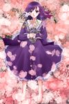  bad_feet cherry_blossoms dress fate/stay_night fate/zero fate_(series) flower hair_ribbon matou_sakura ooshima_amami purple_eyes purple_hair ribbon solo 