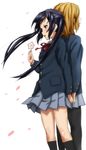  back-to-back bad_id bad_pixiv_id black_hair black_legwear brown_eyes brown_hair hirasawa_yui holding_hands k-on! kneehighs long_hair multiple_girls nakano_azusa pantyhose petals school_uniform short_hair skirt twintails watanore wind 