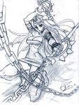 alex_ahad breasts chain cleavage dagger facial_mark fate/stay_night fate_(series) forehead_mark highres impossible_clothes large_breasts long_hair monochrome panties pantyshot rider signature sketch solo thighhighs underwear weapon 