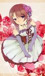  bare_shoulders braid brown_hair dress flower gloves inazuma_eleven inazuma_eleven_(series) looking_up purple_eyes purple_flower purple_rose rimasogebu rose smile solo twin_braids yamana_akane 