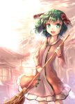  animal_ears broom dress green_eyes green_hair highres house kasodani_kyouko open_mouth pink_dress sakura_ani short_hair smile solo sunlight touhou 