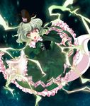  alphes_(style) bad_id bad_pixiv_id brown_eyes dress ghost_tail green_dress green_hair hat lightning long_sleeves maguroido ofuda open_mouth outstretched_arm outstretched_hand parody short_hair soga_no_tojiko solo style_parody tate_eboshi touhou 