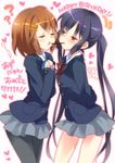  blush brown_eyes brown_hair closed_eyes ech food hair_ornament hairpin hands_on_own_chest heart hirasawa_yui imminent_kiss k-on! mouth_hold multiple_girls nakano_azusa open_mouth pantyhose pocky pocky_kiss purple_hair school_uniform shared_food shirt skirt translated twintails yuri 