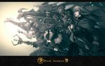  2boys animal_ears armor barding dragon fantasy katana letterboxed long_hair mask monochrome multiple_boys peach_(marslave) pixiv_fantasia pixiv_fantasia_5 robe staff sword weapon 