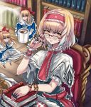  alice_margatroid bespectacled blonde_hair blue_eyes book bookshelf capelet cup doll earrings glasses hairband jewelry knife panzer plate ring shanghai_doll short_hair sitting solo string touhou watch wrist_cuffs wristwatch yellow_eyes 