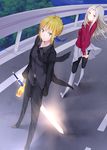  artoria_pendragon_(all) black_legwear blonde_hair boots excalibur fate/zero fate_(series) formal glowing glowing_sword glowing_weapon green_eyes irisviel_von_einzbern kaerunoashi long_hair multiple_girls pant_suit pantyhose ponytail red_eyes road saber street suit sword thigh_boots thighhighs weapon white_hair 