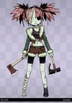  axe bike_shorts blood boots female hair_ornament jacket navel original red_hair scar shorts silent-kurozatou solo teeth weapon yellow_eyes zombie 