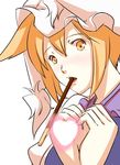  animal_ears blush dearmybrothers food fox_ears hat heart heart_hands looking_at_viewer mouth_hold pocky solo touhou upper_body yakumo_ran yellow_eyes 