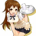  brown_eyes brown_hair drink long_hair nathaniel_pennel open_mouth ponytail revision ribbon skirt smile solo taneshima_popura tray waitress working!! 