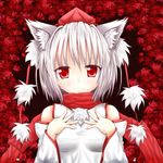  animal_ears banned_artist bare_shoulders detached_sleeves hands_on_own_chest hat inubashiri_momiji leaf looking_at_viewer maple_leaf oohirakeisuke red_eyes scarf short_hair silver_hair smile solo tokin_hat touhou upper_body wolf_ears 