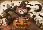  akafuji bad_id bad_pixiv_id bat cape cat charlotte_(madoka_magica) crescent_moon halloween happy_halloween hat jack-o'-lantern mahou_shoujo_madoka_magica moon multicolored multicolored_eyes no_humans pyotr_(madoka_magica) scarf star tongue tongue_out witch_hat 