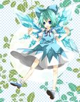 ahoge aqua_hair blue_eyes bow cirno dress hair_bow ice ice_wings mary_janes midorikoichi open_mouth plant polka_dot polka_dot_background shoes short_hair smile solo touhou vines wings 