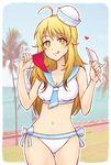  :q ahoge bikini blonde_hair breasts cleavage dixie_cup_hat flag green_eyes hat heart hoshii_miki idolmaster idolmaster_(classic) long_hair medium_breasts military_hat navel palm_tree pinky_out sailor_bikini sailor_collar sailor_hat sailor_swimsuit_(idolmaster) side-tie_bikini solo stmp swimsuit thigh_gap tongue tongue_out tree 