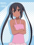  :t bare_shoulders black_hair can't_be_this_cute casual_one-piece_swimsuit character_name crossed_arms halterneck ikari_manatsu k-on! long_hair nakano_azusa one-piece_swimsuit pink_swimsuit seiyuu_connection solo swimsuit taketatsu_ayana tan twintails 