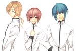  blonde_hair blue_eyes blue_hair gakuran genderswap genderswap_(ftm) kaname_madoka kaname_madou mahou_shoujo_madoka_magica male_focus miki_saya miki_sayaka multiple_boys pink_eyes pink_hair ponytail saigi school_uniform short_hair simple_background tomoe_mami tomoe_mamiya white_background yellow_eyes 