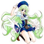  1girl aircraft airplane blue_eyes dress ffr-31mr/d_super_sylph green_hair hat jet long_hair personification pointy_ears sentou_yousei_shoujo_tasukete_mave-chan sentou_yousei_yukikaze simple_background solo super_sylph white_background 