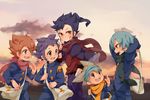  bag blue_eyes blue_hair brown_hair gakuran green_hair inazuma_eleven_(series) inazuma_eleven_go kageyama_hikaru kariya_masaki male_focus matsukaze_tenma multiple_boys nishizono_shinsuke open_mouth scarf school_uniform smile tsurugi_kyousuke u35 walking yellow_eyes 