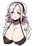  bare_shoulders bra breasts cleavage headphones huge_breasts lingerie lips long_hair miyamoto_issa nitroplus open_clothes open_shirt pink_eyes pink_hair shirt simple_background sketch solo super_sonico underwear 