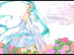  aqua_eyes aqua_hair bad_id bad_pixiv_id dress elbow_gloves flower gloves hatsune_miku letterboxed long_hair looking_back orange_flower orange_rose pink_flower pink_rose purple_flower purple_rose rose see-through shino-yui shinohara_yui solo twintails very_long_hair vocaloid wings yellow_flower yellow_rose 