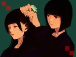  black_hair bob_cut brown_eyes closed_eyes daisy flower green_background hairdressing multiple_girls nou_(brain-m) original simple_background upper_body 