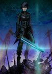  armor black_hair highres male_focus original peach_(marslave) science_fiction solo sword weapon 