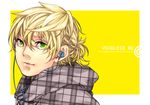  bad_id bad_pixiv_id blonde_hair close-up earbuds earphones green_eyes hood hoodie kagamine_len male_focus manogiichi smile solo vocaloid yellow 