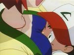  1boy 1girl animated animated_gif baseball_cap breast_smother breasts closed_eyes collarbone eyes_closed gym_leader hat hug jewelry lowres necklace official_art open_mouth pokemon pokemon_(anime) qvga red_hair ruriko_(pokemon) satoshi_(pokemon) wince 
