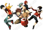  alternate_costume backwards_hat bad_id bad_pixiv_id baseball_cap black_hair brown_hair character_name cyndaquil eevee gen_1_pokemon gen_2_pokemon gold_(pokemon) hat hat_removed headwear_removed holding_hands jewelry jumping male_focus multiple_boys necklace no_fire one_eye_closed ookido_green pokemon pokemon_(creature) pokemon_(game) pokemon_hgss pokemon_rgby red_hair silver_(pokemon) simple_background totodile wristband yuuichi_(bobobo) 