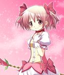  aozora_(syun8823) bad_id bad_pixiv_id blush bow bow_(weapon) choker gloves hair_bow hand_on_own_chest highres kaname_madoka magical_girl mahou_shoujo_madoka_magica official_style pink_eyes pink_hair short_hair short_twintails smile solo twintails weapon white_gloves 