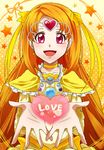  bad_id bad_pixiv_id bow brooch choker circlet cure_muse_(yellow) earrings eyelashes frills hair_ribbon heart highres jewelry long_hair magical_girl orange_hair precure red_eyes ribbon shirabe_ako smile solo star starry_background suite_precure tenten_(tenten2) yellow_bow yellow_choker 