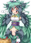  bottomless fat_mons feathered_wings feathers green_hair harpy highres monster_girl morgan_(shinrabanshou) pussy red_eyes shimo_(depthbomb) shinrabanshou sweat wings 