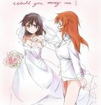  bad_id bad_pixiv_id bouquet bridal_veil brown_hair charlotte_e_yeager dress elbow_gloves english flower formal gertrud_barkhorn gloves highres holding_hands kisetsu long_hair multiple_girls orange_hair smile strike_witches suit veil wedding wedding_dress wife_and_wife world_witches_series yuri 