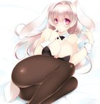  animal_ears areola_slip areolae ass ayase_hazuki bare_shoulders bow bowtie breasts bunny_ears bunny_tail bunnysuit detached_collar gijinka_pet_no_kozukuri_ongaeshi long_hair medium_breasts miyu_(gijinka_pet_no_kozukuri_ongaeshi) pantyhose purple_eyes simple_background solo tail wrist_cuffs 