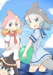  3girls :d :o ball black_hair blue_eyes blue_hair blue_sailor_collar blue_sky chinese_white_dolphin_(kemono_friends) common_bottlenose_dolphin_(kemono_friends) common_dolphin_(kemono_friends) day dolphin_tail dress eyebrows_visible_through_hair eyes_visible_through_hair frilled_dress frills grey_hair highres holding kemono_friends looking_at_viewer multicolored_hair multiple_girls necktie open_mouth orange_hair outdoors pink_hair puffy_short_sleeves puffy_sleeves purple_eyes red_neckwear red_sailor_collar sailor_collar sailor_dress short_sleeves sky smile teranekosu wading water 