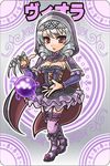  1girl bustier cape capelet chibi claw_(weapon) detached_sleeves drill_hair frilled_skirt frills garter_straps high_heels hood jewelry nail_polish necklace orb pearl purple_eyes purple_legwear red_eyes shoes silver_hair skirt solo soulcalibur soulcalibur_v thighhighs viola_(soulcalibur) weapon 