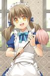  :d apron artist_request brown_hair duster frills long_hair lowres maid maid_headdress open_mouth smile solo sword_girls twintails window wristband yellow_eyes 