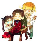  2boys alcohol chair chibi child easy_chair face_painting facial_hair facial_mark fate/zero fate_(series) father_and_daughter gilgamesh goatee marker multiple_boys orbe sleeping sparkle toosaka_rin toosaka_tokiomi twintails wine younger 