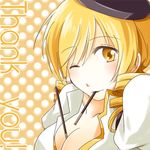  between_breasts blonde_hair breasts cleavage drill_hair english food kazeru lowres magical_girl mahou_shoujo_madoka_magica medium_breasts mouth_hold one_eye_closed open_clothes open_shirt pocky shirt smile solo tomoe_mami yellow_eyes 