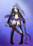  belt blindfold boots breasts cleavage cloak genderswap gloves green_eyes highres keyblade kingdom_hearts long_hair medium_breasts midriff pigeon-toed riku short_shorts shorts silver_hair solo soyko thigh_boots thighhighs 