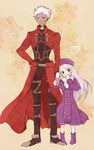  1girl archer bad_id bad_pixiv_id boots chiba127 dark_skin fate/stay_night fate_(series) hat height_difference illyasviel_von_einzbern long_hair purple_footwear purple_hat red_eyes white_hair 