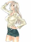  bad_id bad_pixiv_id blonde_hair breasts cleavage dodai_shouji green_eyes hand_on_hip large_breasts light_smile long_hair miniskirt original shirt simple_background sketch skirt solo taut_clothes taut_shirt 