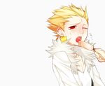  blonde_hair blush earrings fate/stay_night fate_(series) food gilgamesh haine_(howling) jewelry male_focus open_mouth popsicle red_eyes saliva sexually_suggestive solo sweat tongue 