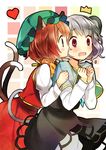  2girls animal_ears bow brown_hair capelet cat_ears cat_tail chen chinese_clothes dress fang grey_hair hanabana_tsubomi hands_clasped hat heart jewelry licking mouse_ears multiple_girls multiple_tails nazrin nekomata own_hands_together pendant red_eyes short_hair silver_hair surprised tail touhou wavy_mouth 